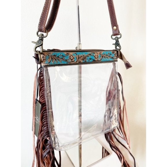Myra Western Fringe Clear Crossbody Stadium Bag - Hand Tooled Leather - Picture 3 of 6